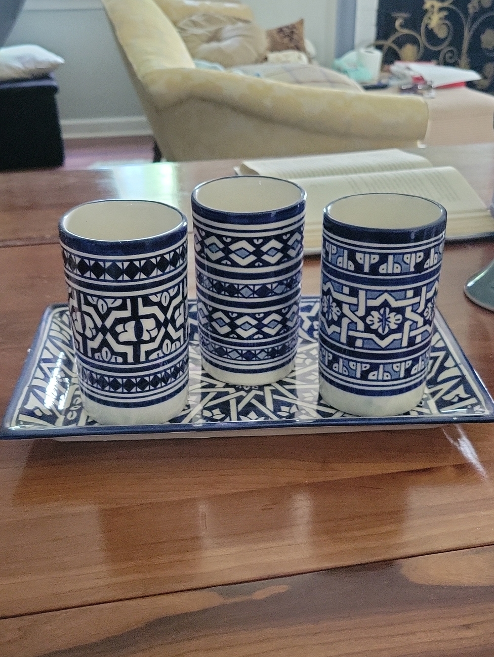 Moroccan Tumbler And Tray Set From Fes. Set Of Four.